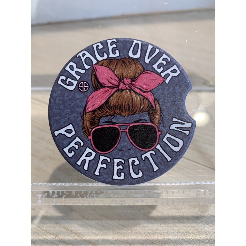 New Simply Southern Car Coaster "Grace Over Perfection" Lady with Bun & Glasses